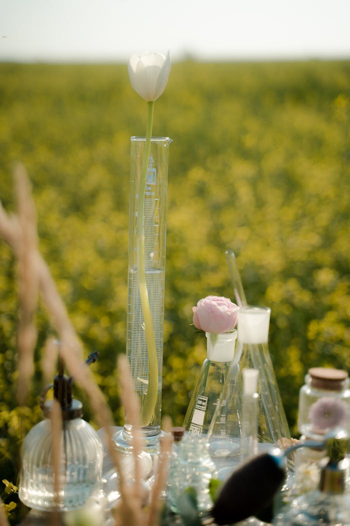 A creative setup with glass flasks and flowers in a vibrant field, captured in soft light.